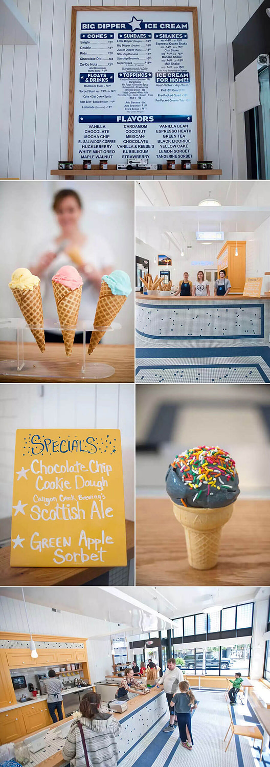 Big Dipper Ice Cream menu board, interior view of blue and white tile design, and ice cream cones.